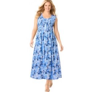Woman Within Plus Size Floral Maxi Dress Sleeveless Pintuck Blue White 18/20